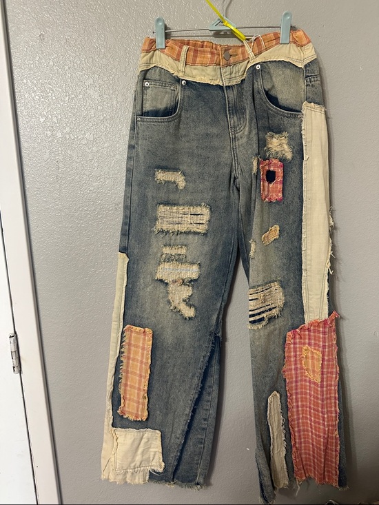 everyday chic boutique Pants - Patchwork Wide Leg Jeans - Distressed Blue with Plaid Accents